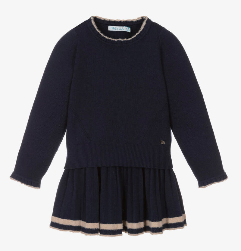 Navy Blue Sweater and Knit Pleated Skirt Set